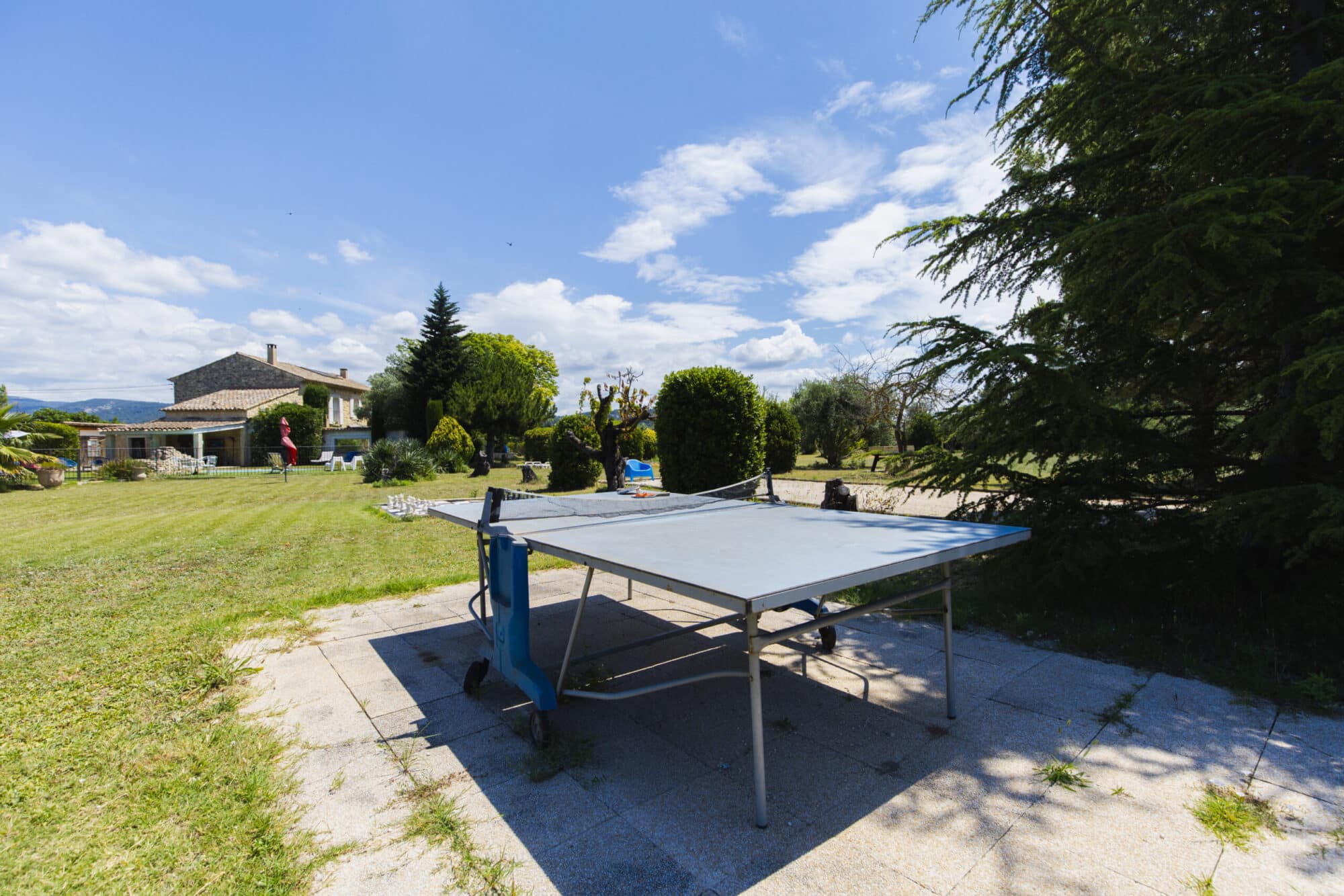 Table de ping-pong bleue sur une dalle, dans le jardin entouré d’arbres